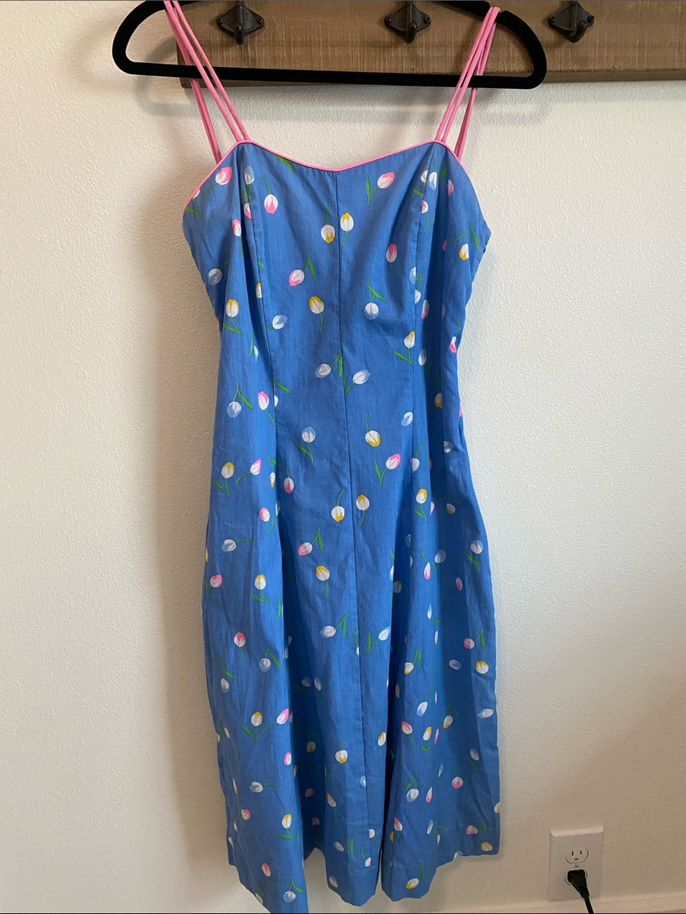 Vintage Blue Tulip Floral Print Sundress with Pink Straps.